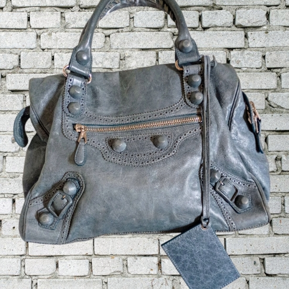 Balenciaga Grayish Blue Leather Satchel
